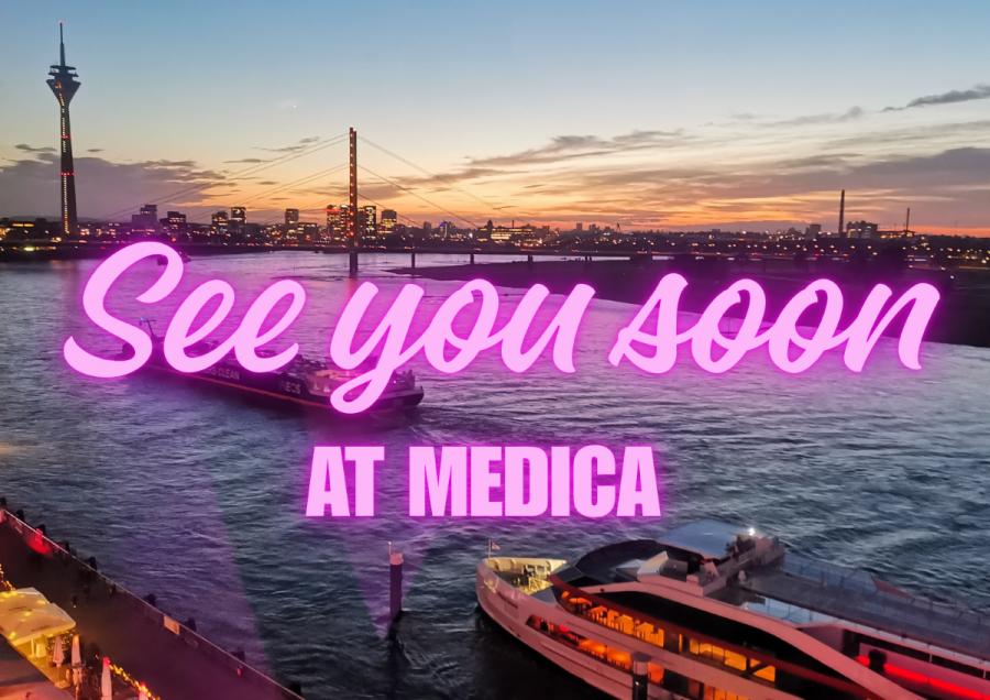 Sunset over the Rhine in Düsseldorf with the Rheinturm and bridge in view, large pink text reading “See you soon AT MEDICA.”