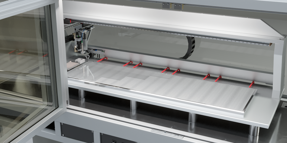 iONE Microarray Printer view inside to show the big vacuum table with glass slides on it