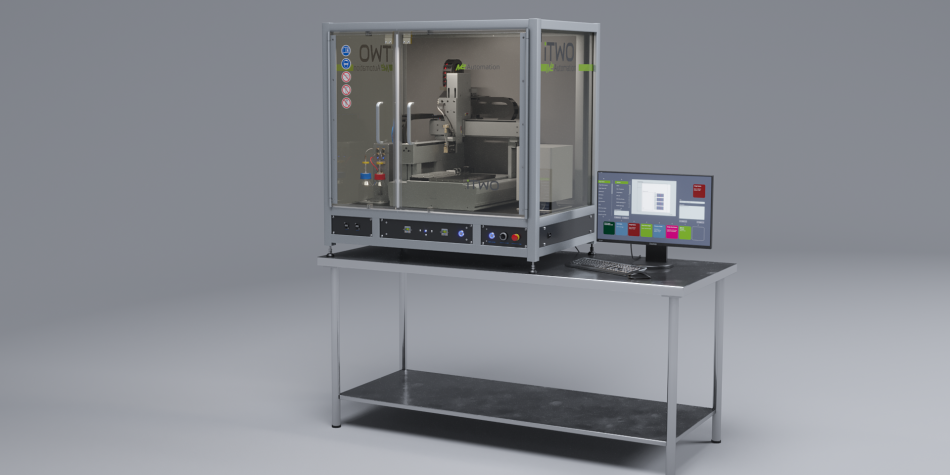 iTWO Microarray Printer on a laboratory work bench showing the size of the Instrument