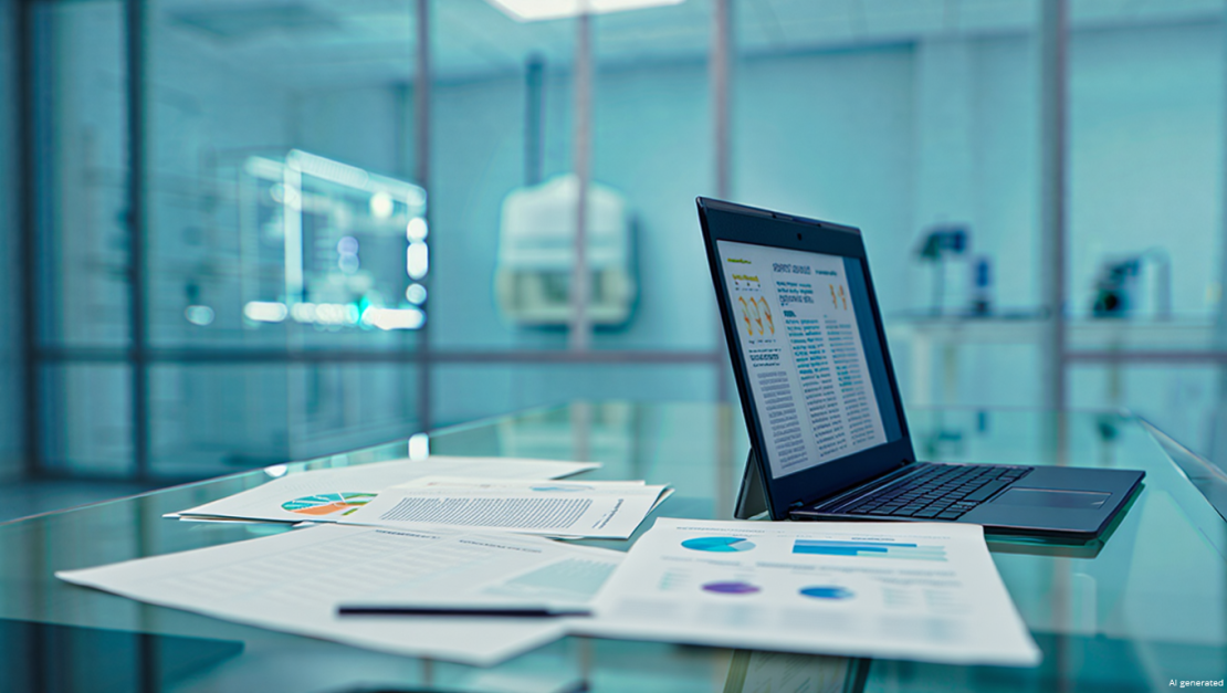 Open laptop with research charts and scientific publications in a laboratory setting