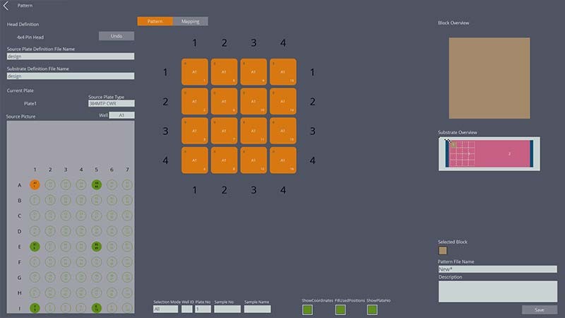 Sceenshot of the Pattern designer on InDot showing how a microarray spotter is programmed