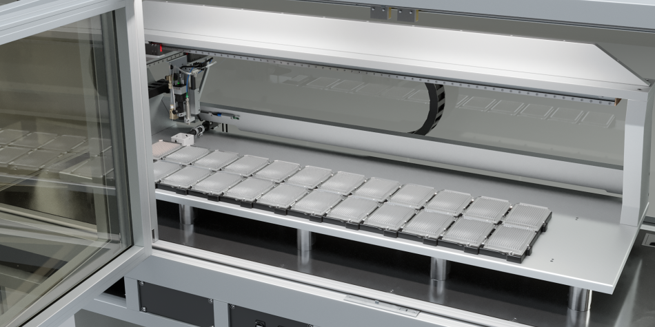 iONE Microarray Printer view inside to show the big target area to spot into 22 MTPs