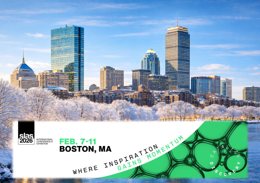 Snowy Boston skyline with SLAS 2026 event banner: Feb 7–11 in Boston, MA, with green “Where inspiration gains momentum” graphic.