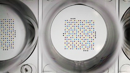 close view from top into a well of a 96 MTP with a high-density microarray of picoliter droplets on the bottom