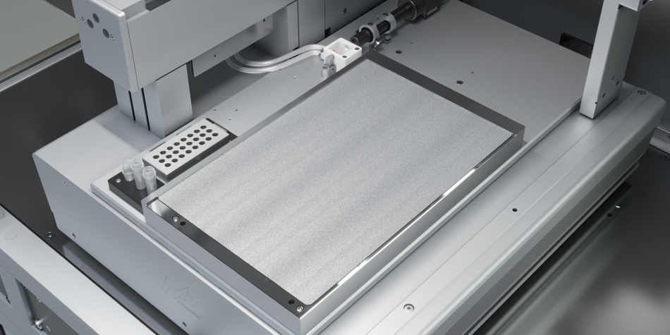 iTWO Microarray Printer view inside to show the big vacuum table and the source area in detail