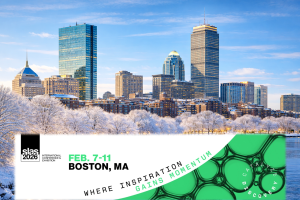 Snowy Boston skyline with SLAS 2026 event banner: Feb 7–11 in Boston, MA, with green “Where inspiration gains momentum” graphic.