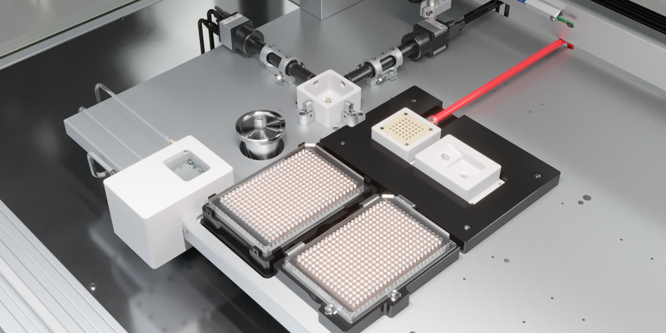 iONE Microarray Printer featuring 3D Droplet Cameras, Ultrasonic Wash Station, Analytial Balance and Pin Wash Station