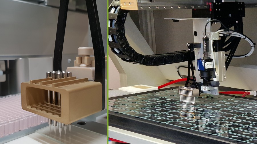 Microdispensing using contact based pin spotting with different layouts