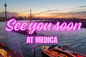 Sunset over the Rhine in Düsseldorf with the Rheinturm and bridge in view, large pink text reading “See you soon AT MEDICA.”