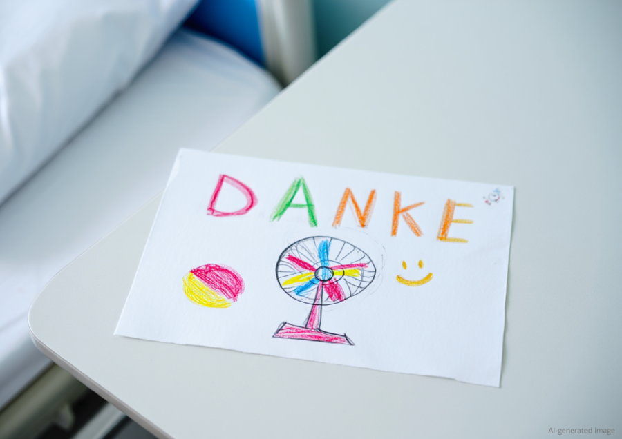 A child’s drawing with the word "DANKE" and a colorful fan – AI-generated image